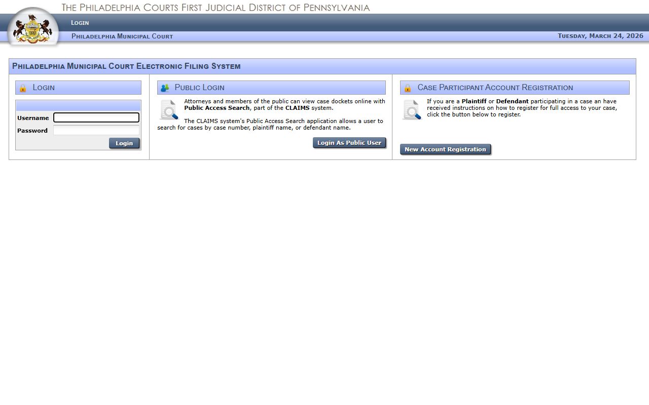 Philadelphia Municipal Court electronic filing system CLAIMS for searching court records