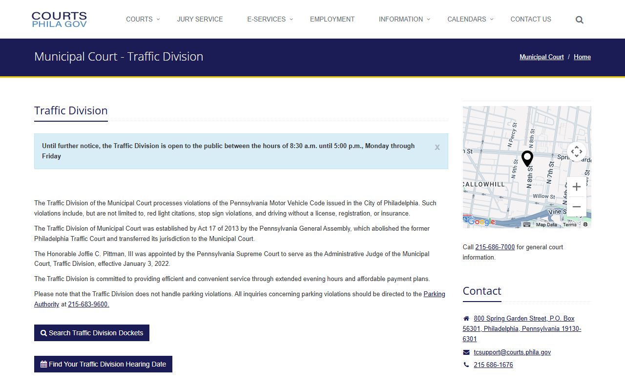 Philadelphia Municipal Court Traffic Division for traffic violation records and payments