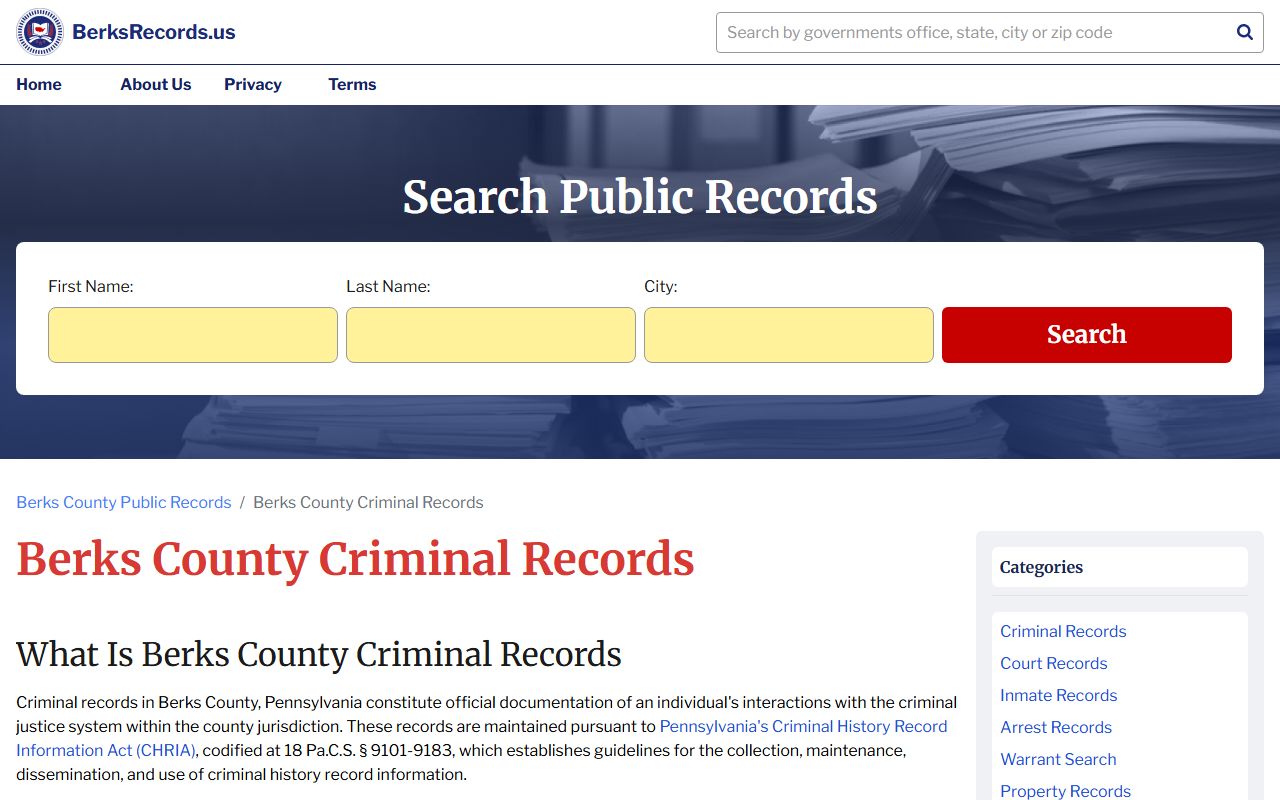 Berks County Clerk of Courts criminal records office in Reading PA