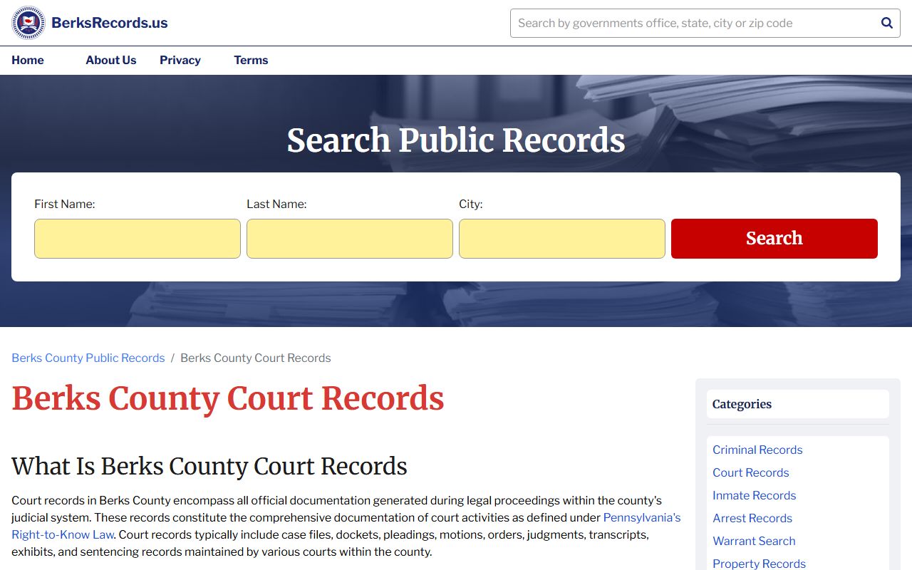 Berks County court records portal for Reading Pennsylvania criminal and civil case searches