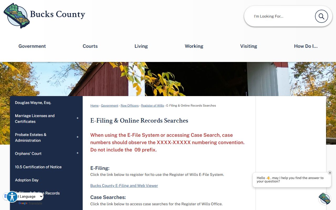 Bucks County e-filing web viewer system for online court records access