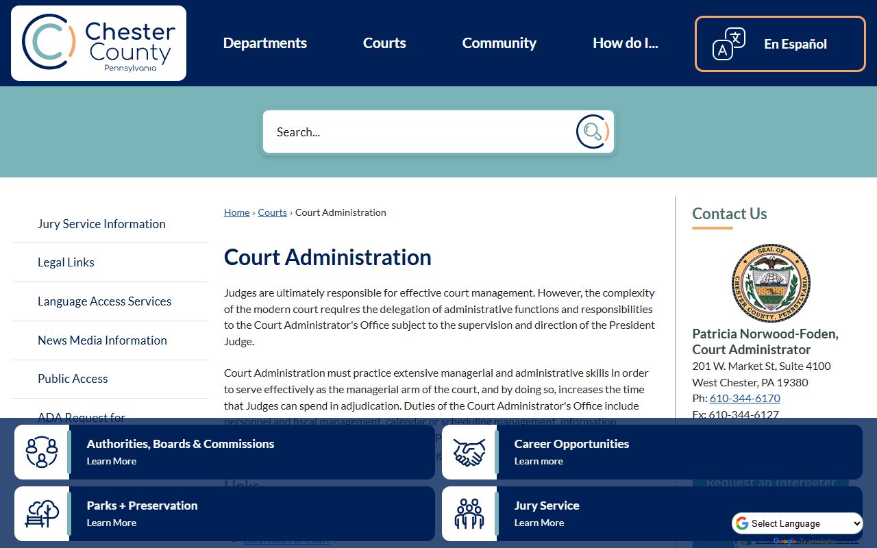 Chester County Court Administration page for family court and court records