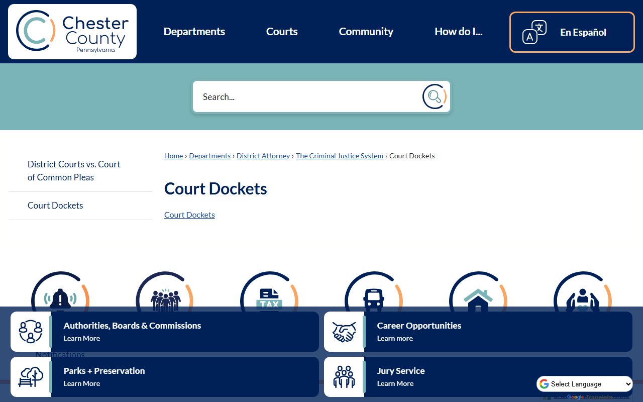 Chester County court dockets online search portal for civil and criminal records