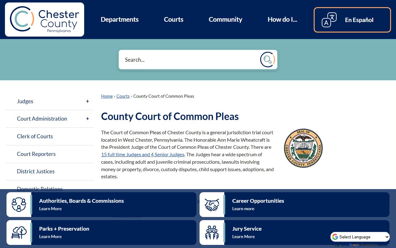 Chester County Court of Common Pleas website for court records in West Chester