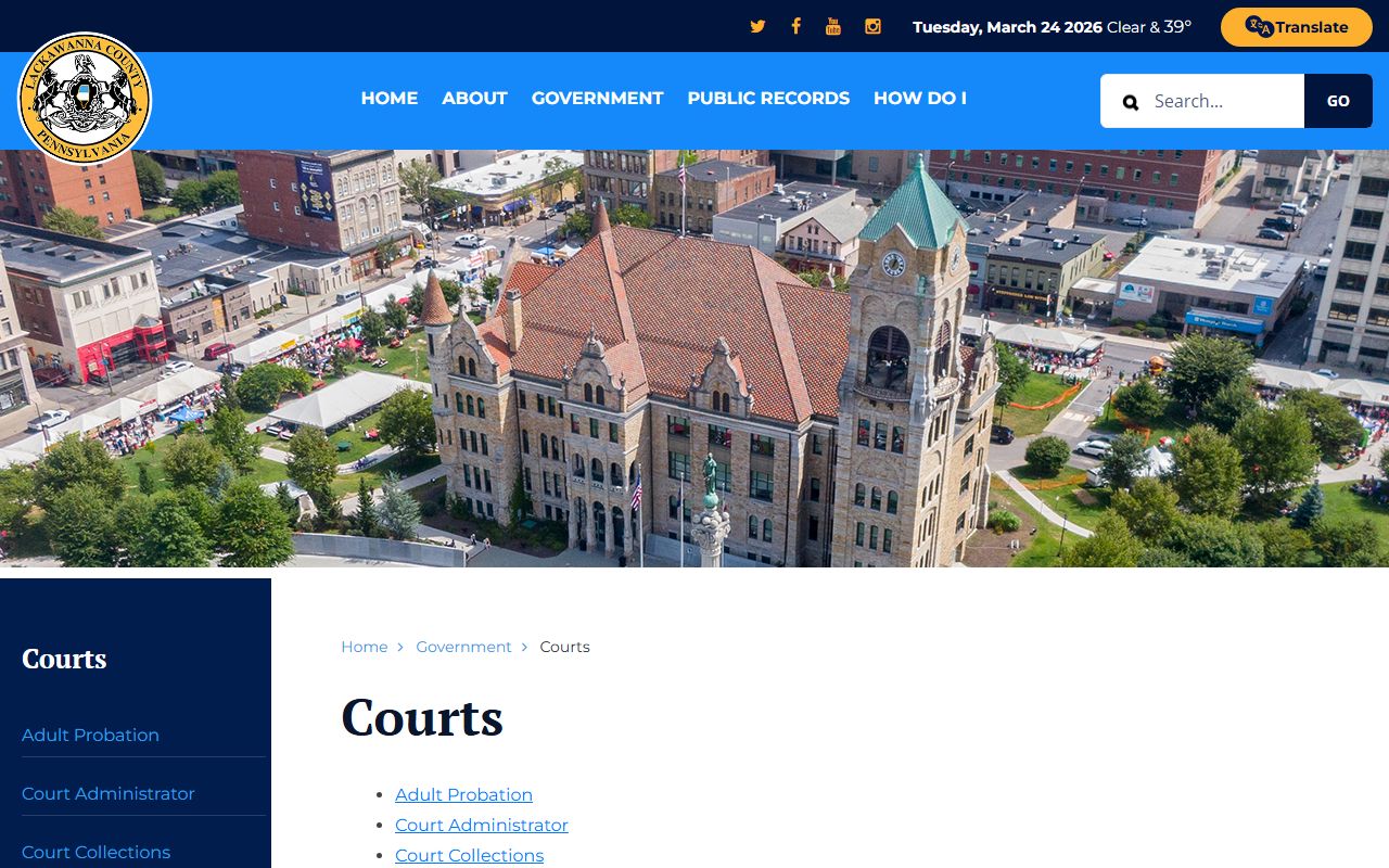 Lackawanna County courts overview page for finding Scranton court records online