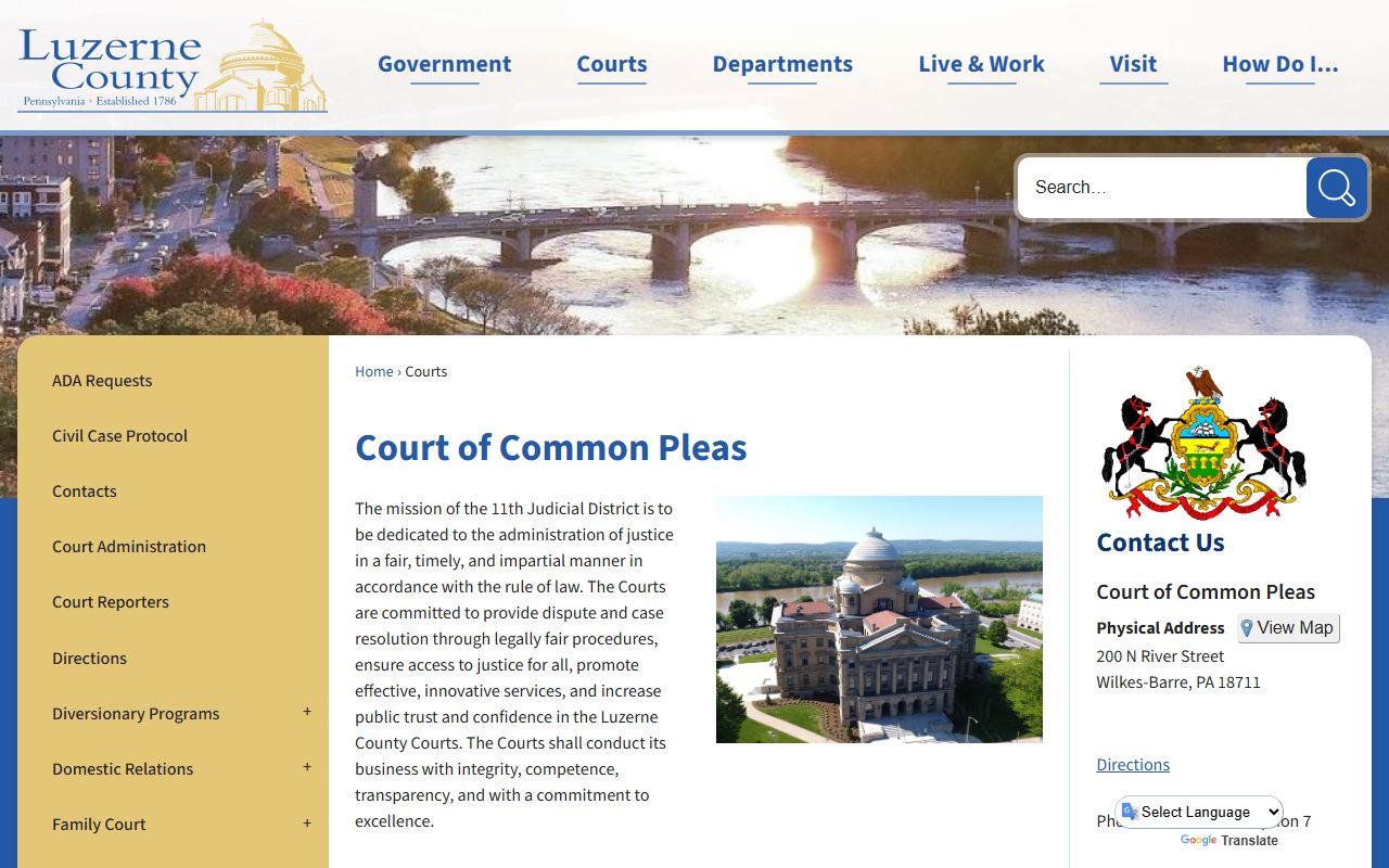 Luzerne County Court of Common Pleas page with criminal and civil court records for the 11th Judicial District