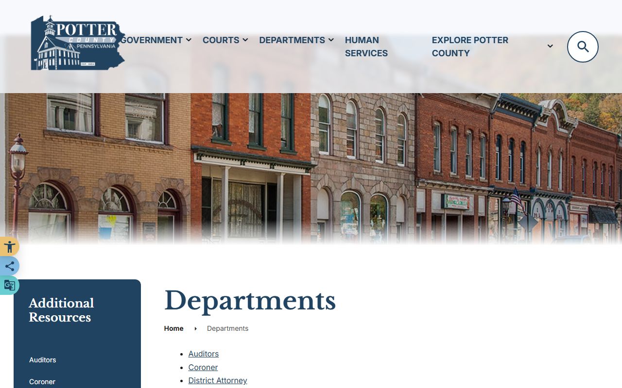 Potter County departments page listing offices related to court records
