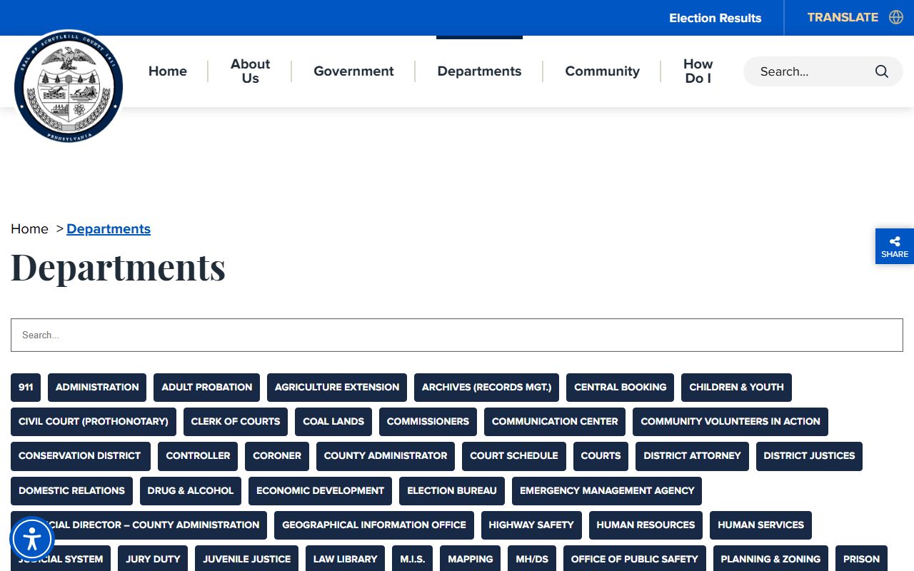 Schuylkill County departments page for court records offices