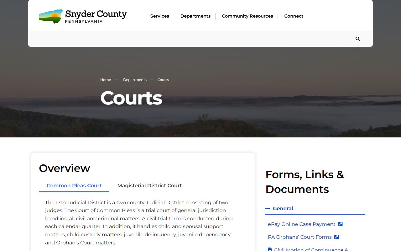 Snyder County courts page showing 17th Judicial District information