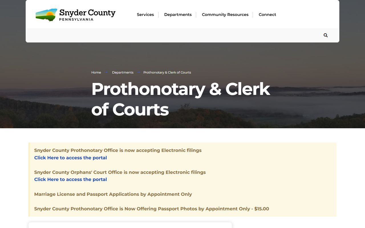 Snyder County Prothonotary and Clerk of Courts page for court records