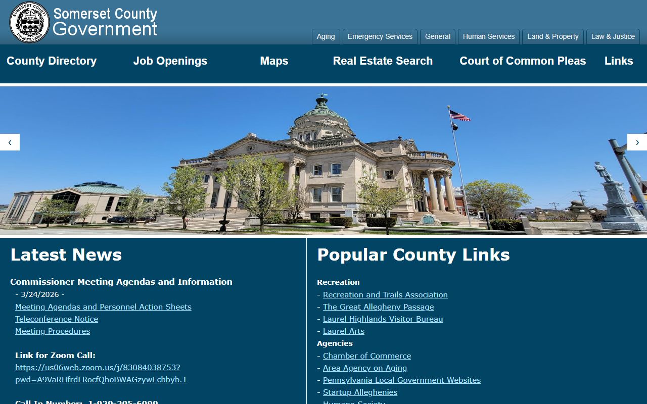 Somerset County homepage linking to court records and county offices