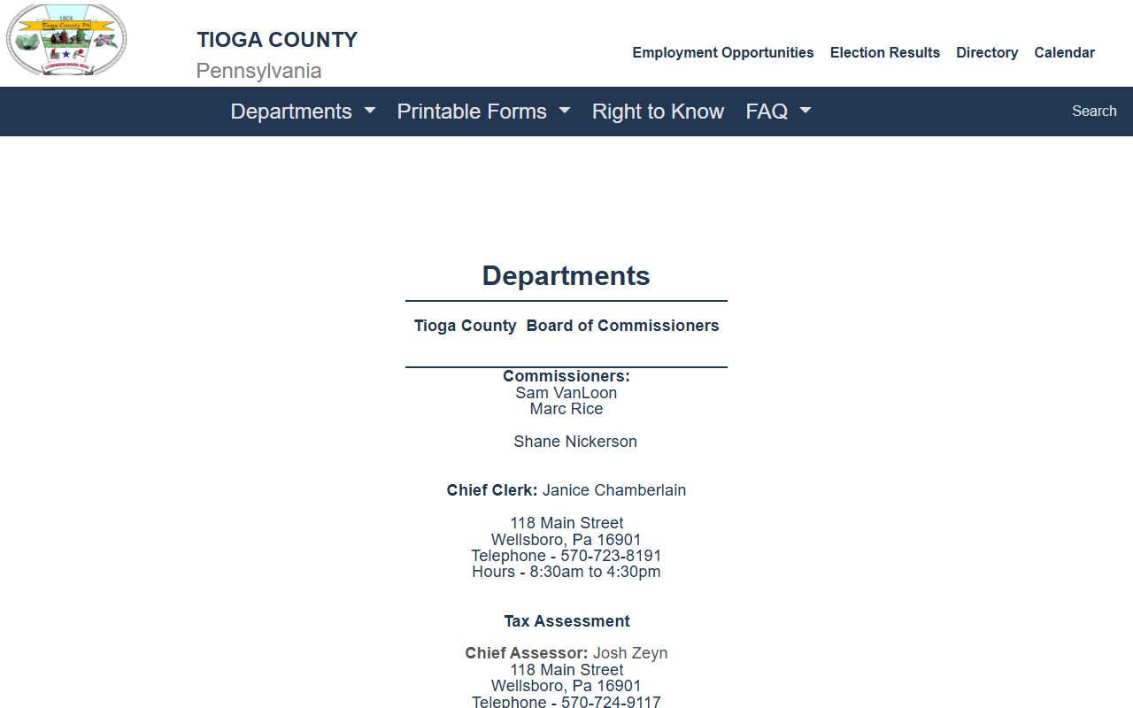 Tioga County departments page listing Prothonotary and court offices