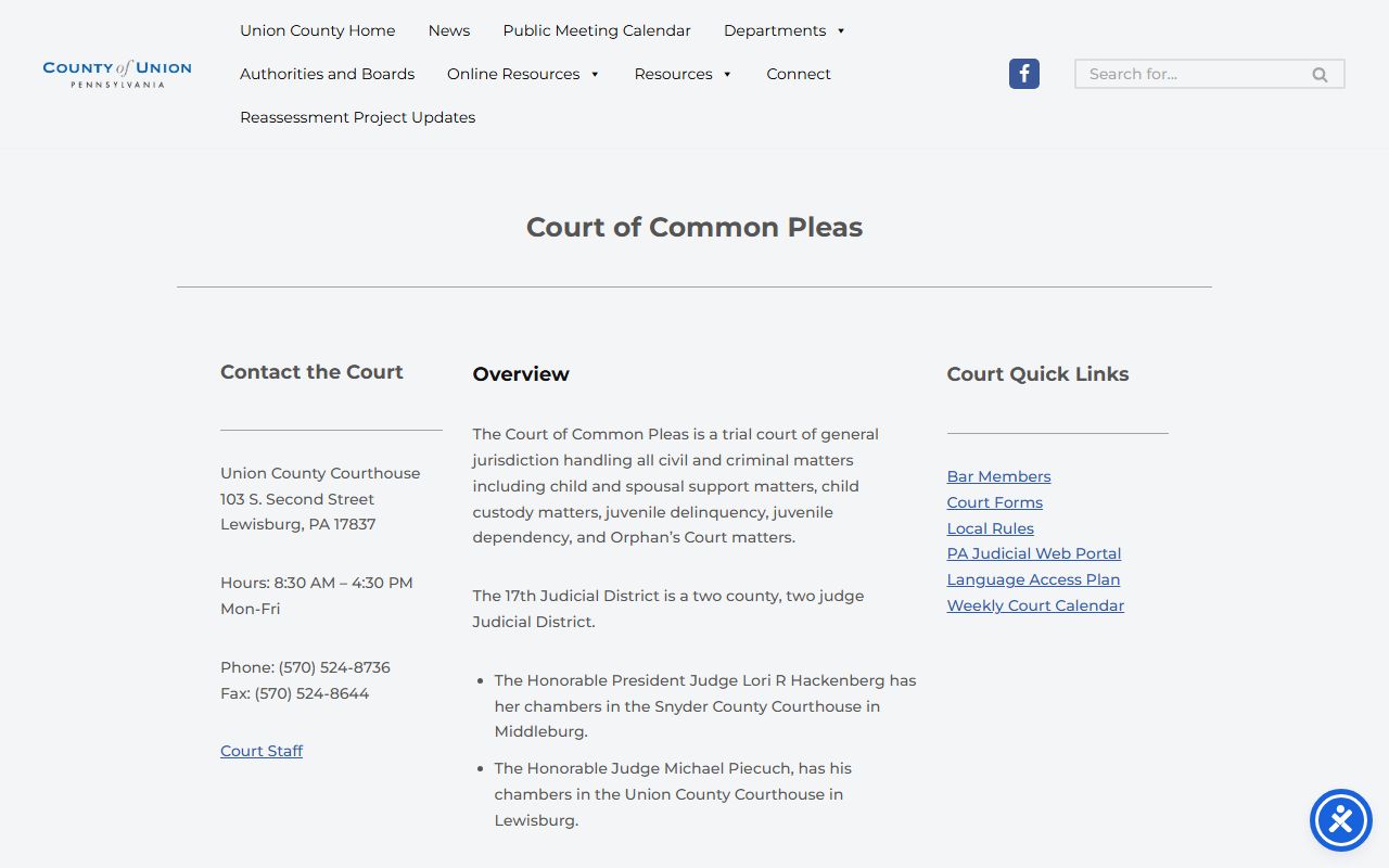 Union County Court of Common Pleas page for 17th Judicial District