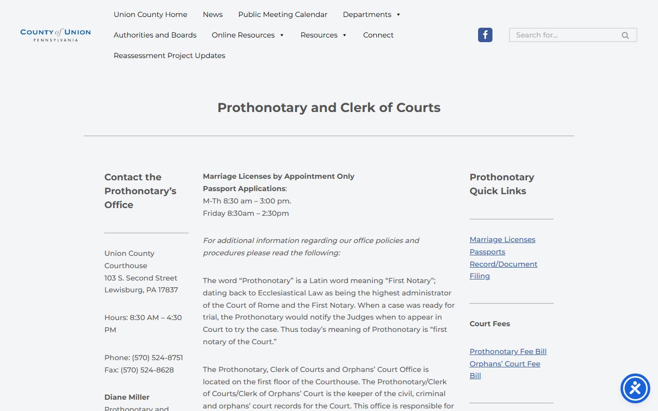 Union County Prothonotary and Clerk of Courts page for court records