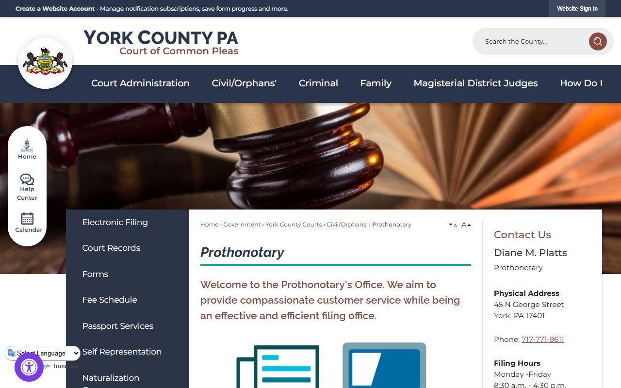 York County Prothonotary page for civil court records