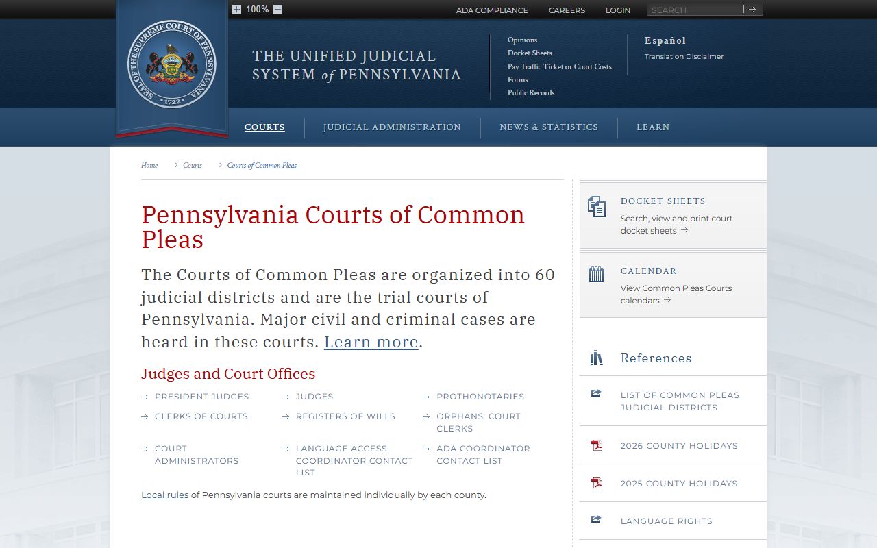 Pennsylvania Courts of Common Pleas information page showing court records access