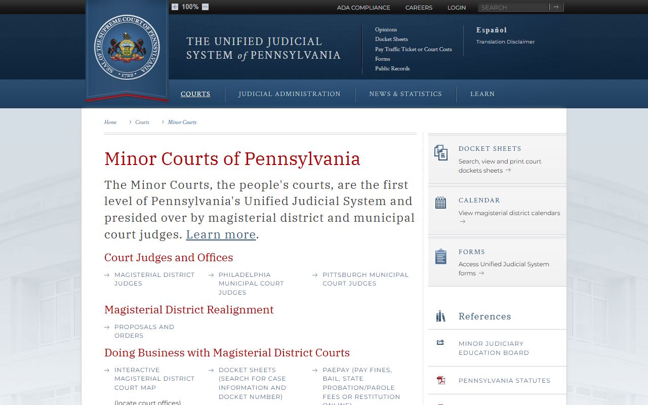 Pennsylvania Minor Courts Magisterial District Judge courts handling court records for minor matters