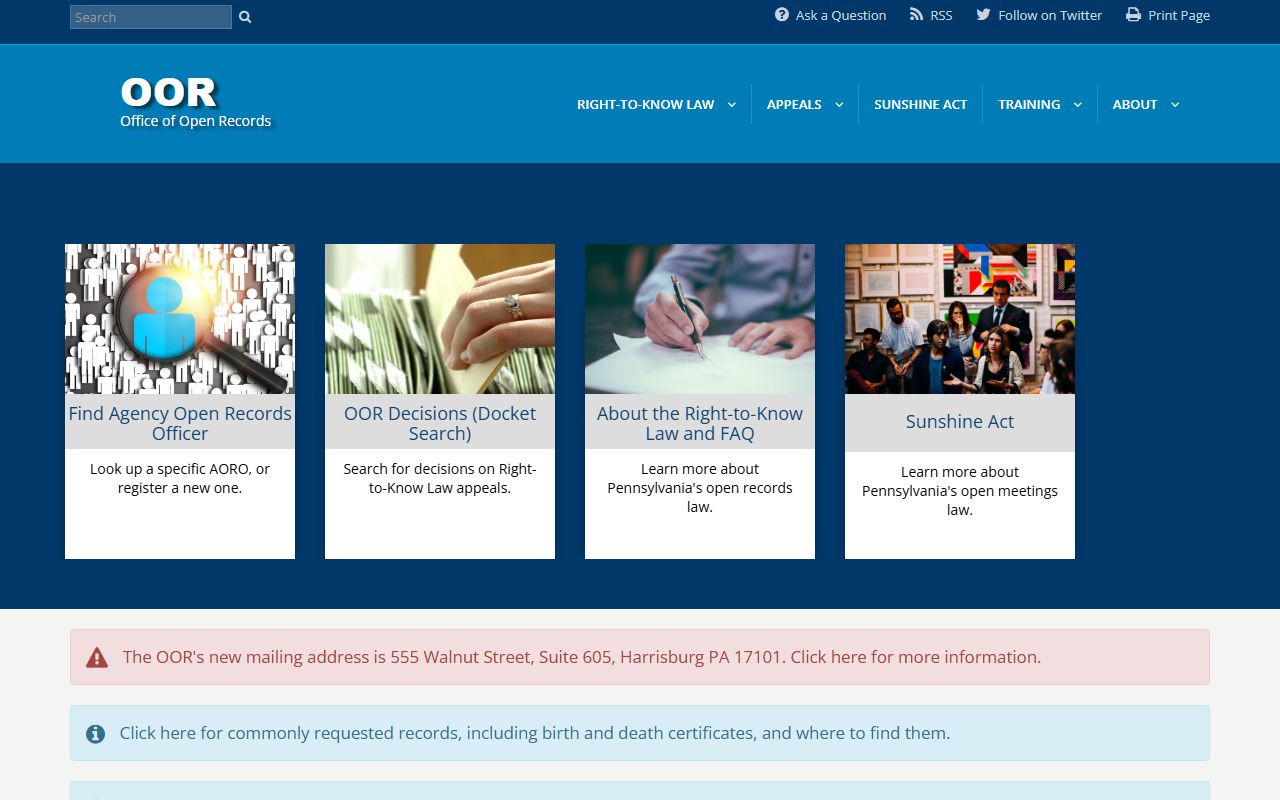 Pennsylvania Office of Open Records website for Right-to-Know Law appeals and court records access