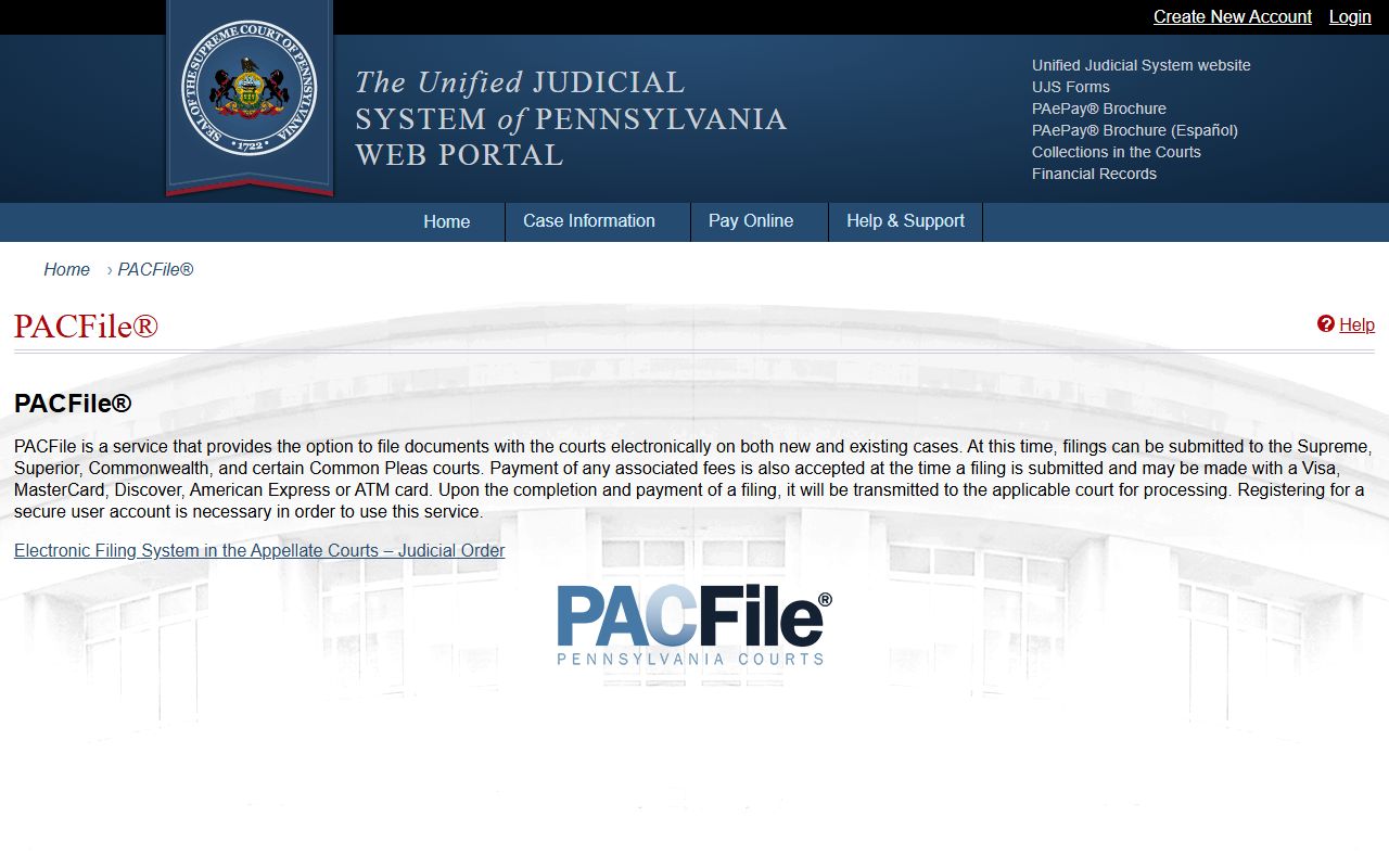 PACFile appellate court electronic filing system for Pennsylvania court records