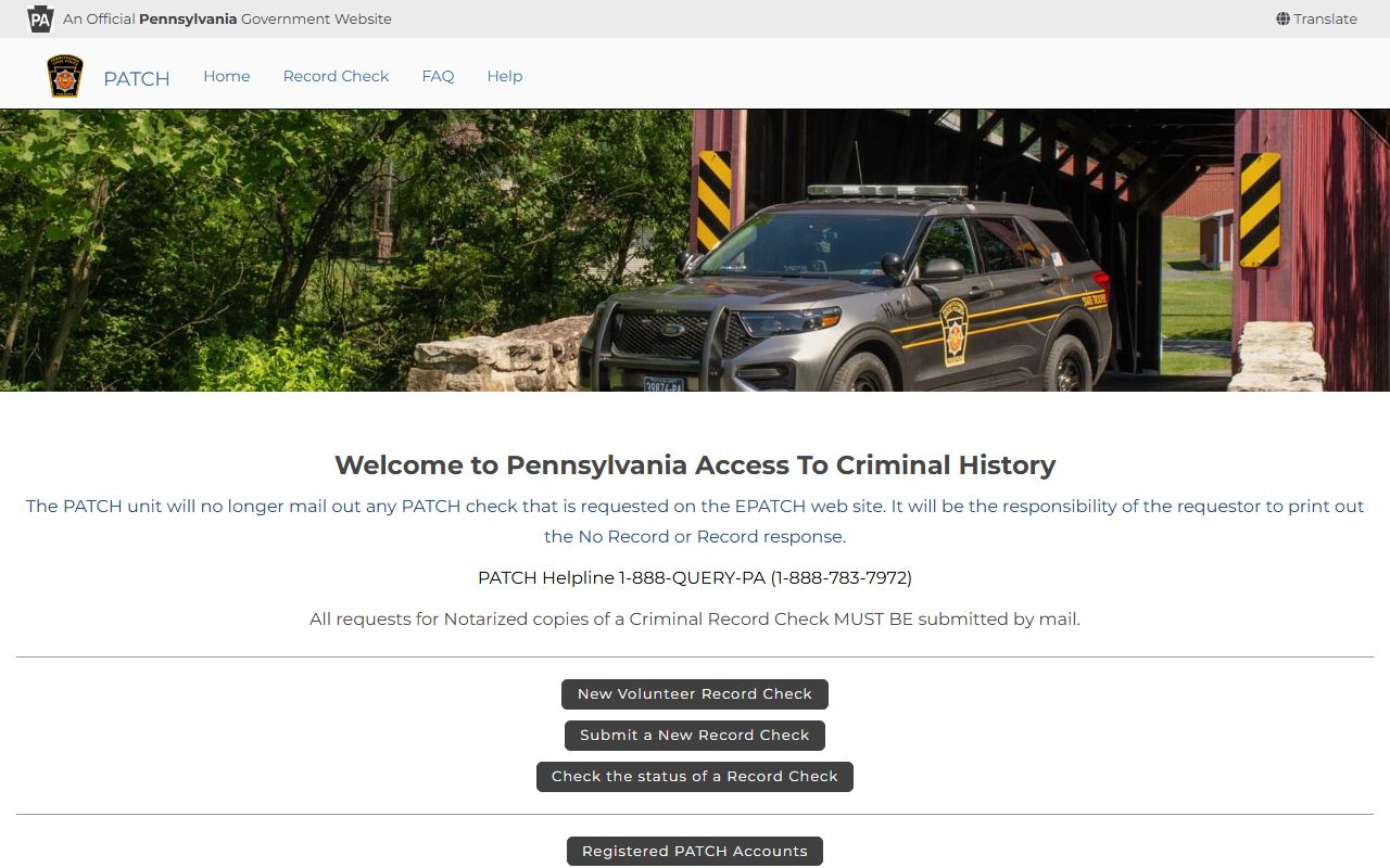 Pennsylvania Access to Criminal History PATCH system for official criminal record checks