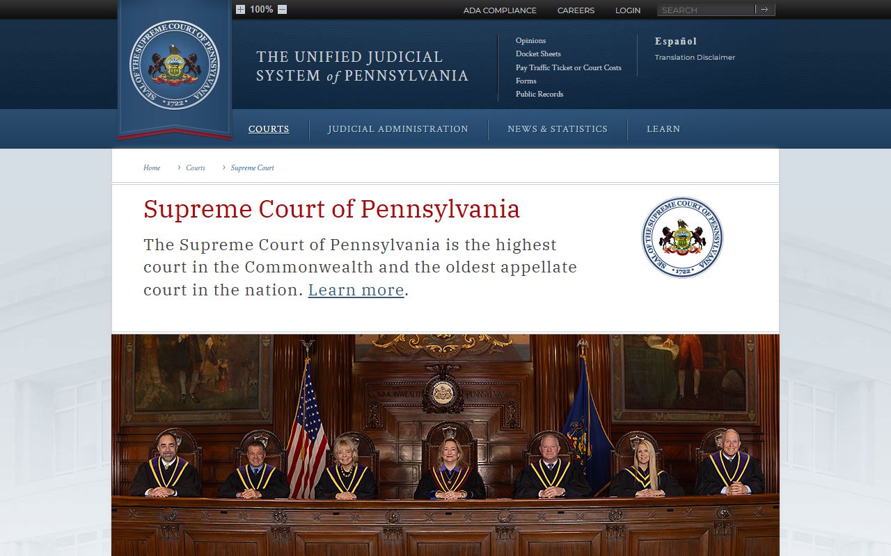 Pennsylvania Supreme Court page showing court records access and case dockets