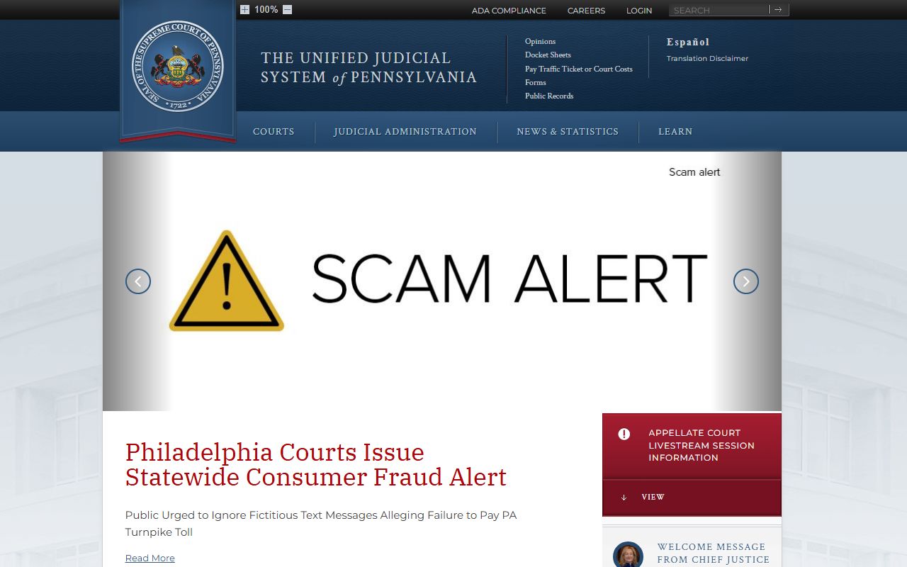 Pennsylvania Unified Judicial System homepage showing court records and public access portal