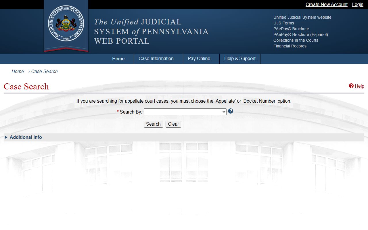 UJS Web Portal case search interface for Pennsylvania court records